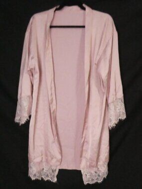 Handmade Pink Satin Kimono Robe with Delicate Lace Trim - P2P 21" measured